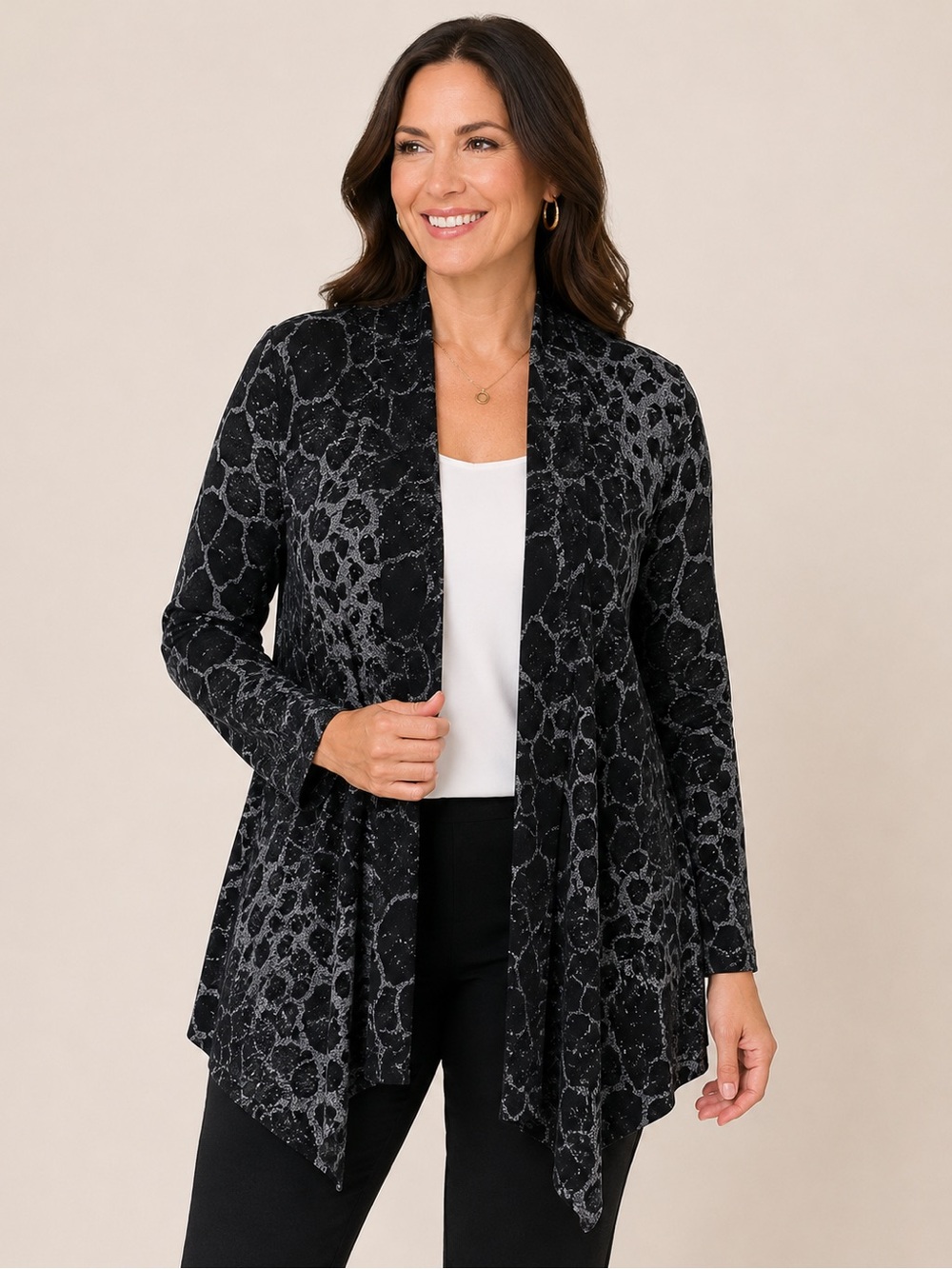 Susan Graver Black Gray Animal Print Open Draped Front Cardigan Jacket XL QVC